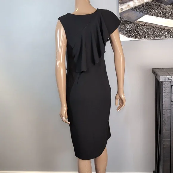 Bailey Ruffle V-Neck Sheath Dress Draped Asymmetric Black Womens Size Medium - Picture 6 of 14